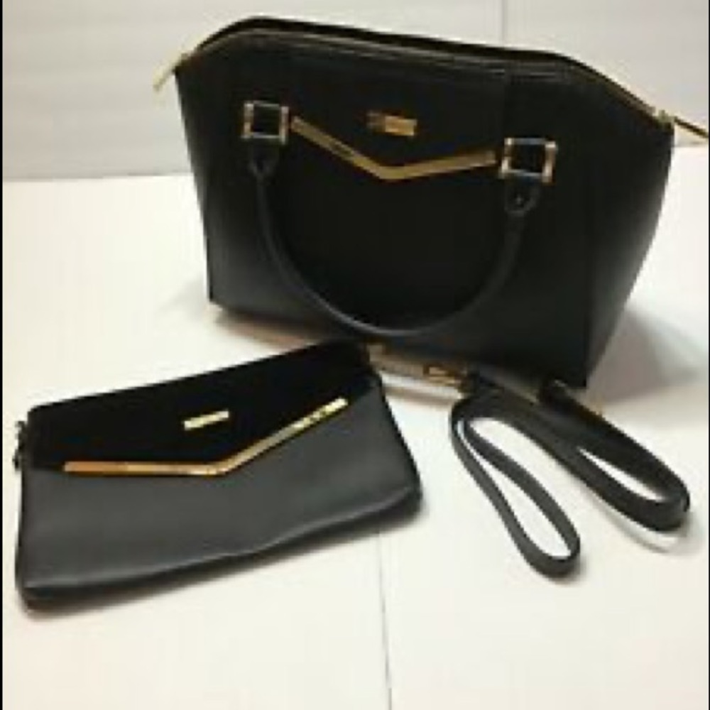 New JOY and IMAN Couture Leather Satchel and Clutch with Velvet Detail Black - Picture 2 of 6